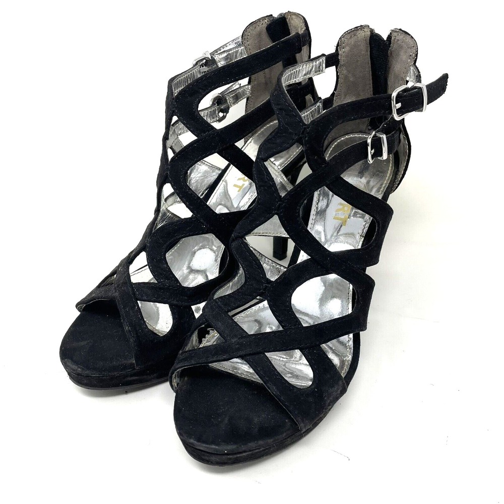 REPORT Black Strappy Cage Peep Toe Heels Size 8 Ankle Buckle Faux Suede
